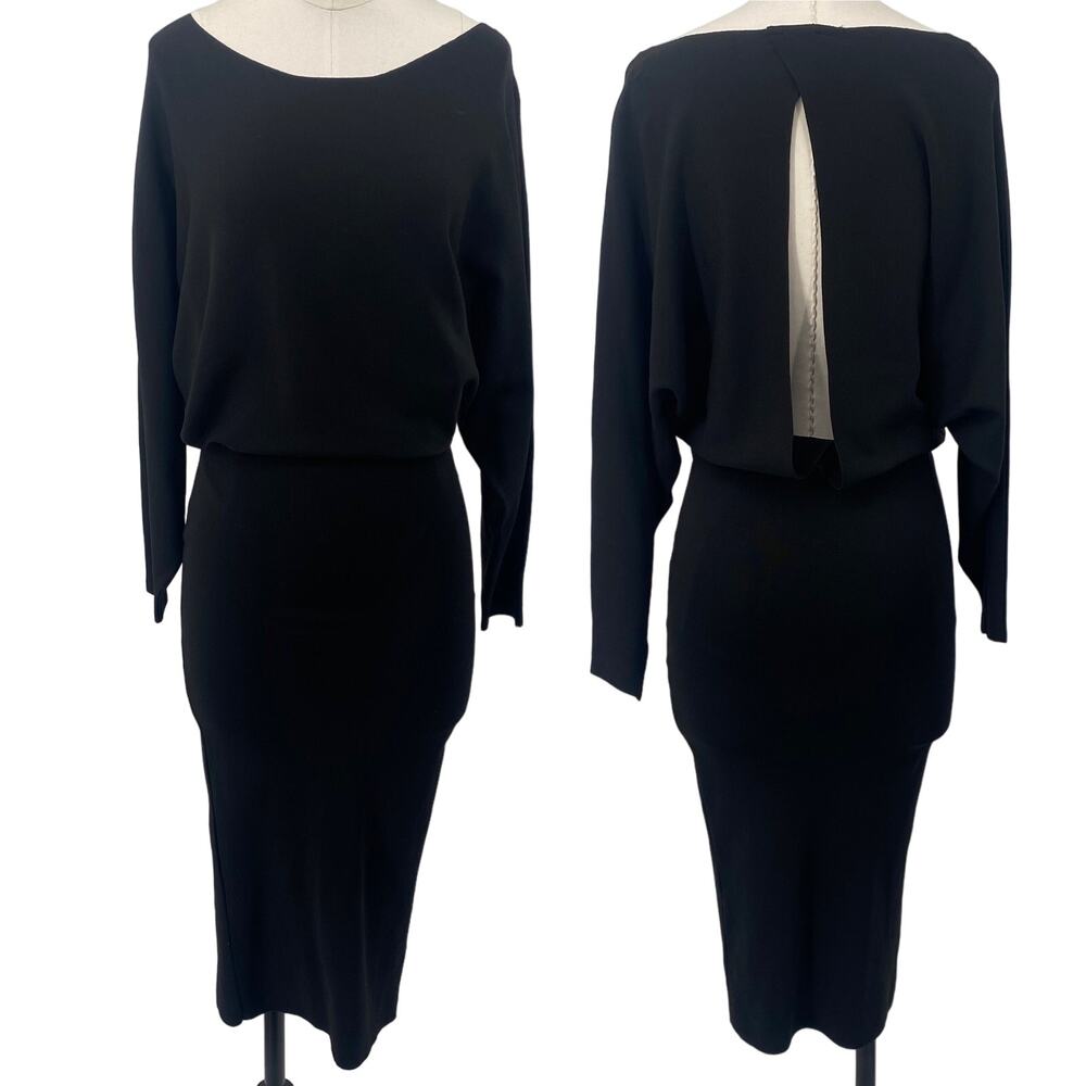 Zara Knit Midi Dress Blouson Bodice Bodycon Open Back Boatneck Black Womens S